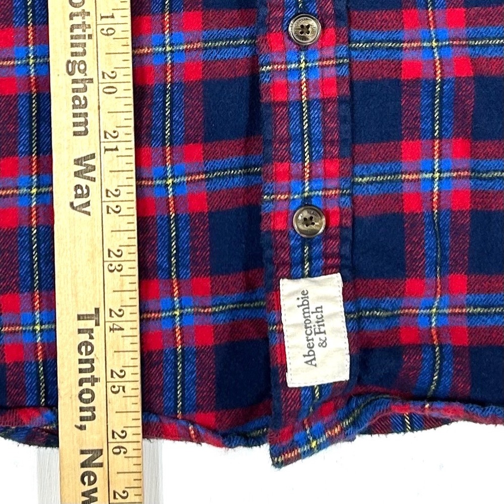 Abercrombie & Fitch Mens S Muscle Fit Flannel Plaid Shirt Navy Red 100% Cotton - Picture 6 of 8